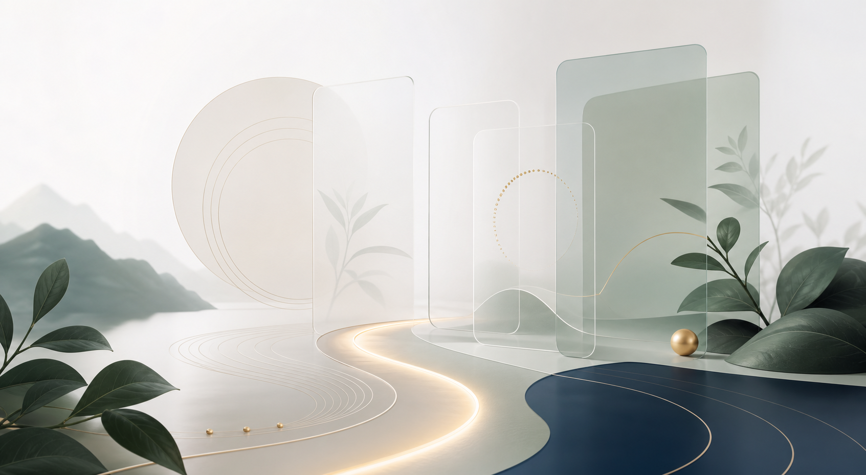 Abstract wellness technology visual with calm green, navy, and gold forms